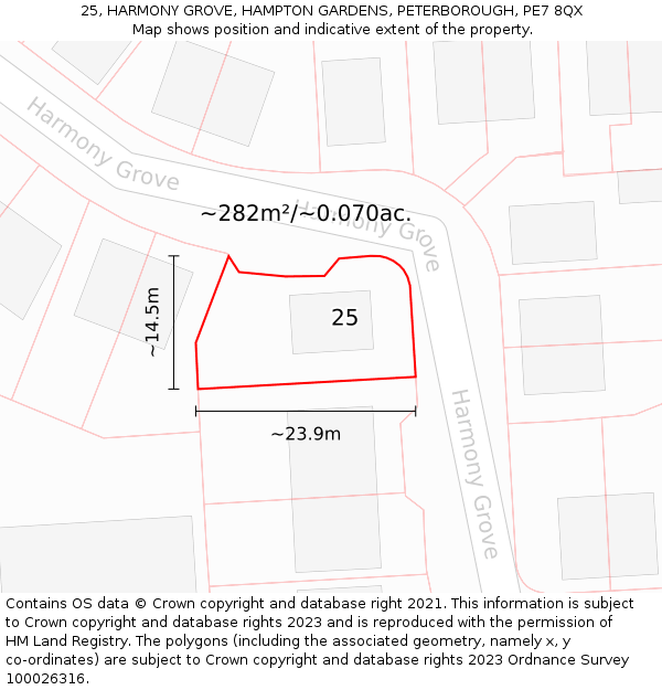 25, HARMONY GROVE, HAMPTON GARDENS, PETERBOROUGH, PE7 8QX: Plot and title map