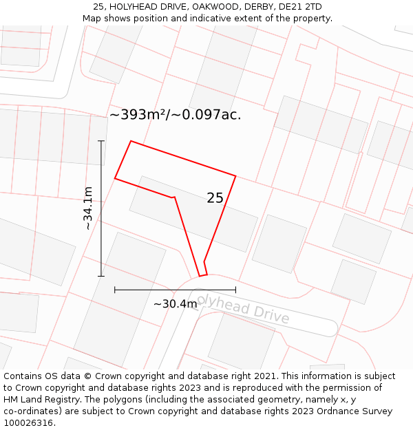 25, HOLYHEAD DRIVE, OAKWOOD, DERBY, DE21 2TD: Plot and title map