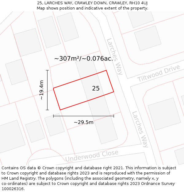 25, LARCHES WAY, CRAWLEY DOWN, CRAWLEY, RH10 4UJ: Plot and title map