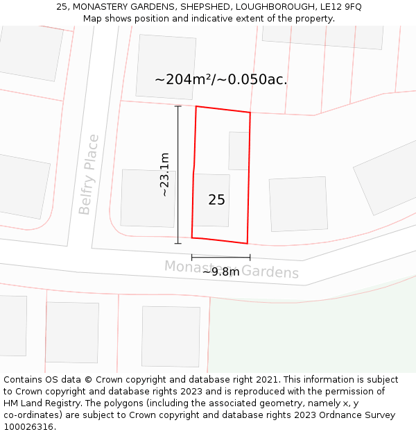 25, MONASTERY GARDENS, SHEPSHED, LOUGHBOROUGH, LE12 9FQ: Plot and title map