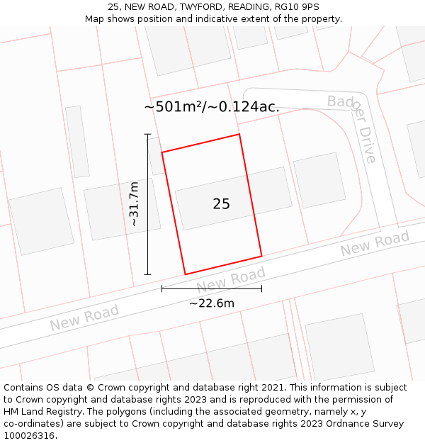 25, NEW ROAD, TWYFORD, READING, RG10 9PS: Plot and title map