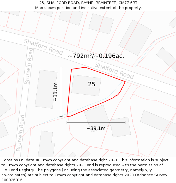 25, SHALFORD ROAD, RAYNE, BRAINTREE, CM77 6BT: Plot and title map