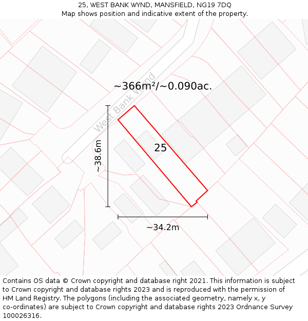 25, WEST BANK WYND, MANSFIELD, NG19 7DQ: Plot and title map