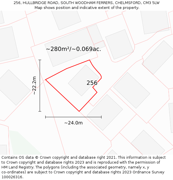 256, HULLBRIDGE ROAD, SOUTH WOODHAM FERRERS, CHELMSFORD, CM3 5LW: Plot and title map