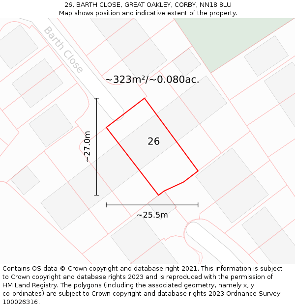 26, BARTH CLOSE, GREAT OAKLEY, CORBY, NN18 8LU: Plot and title map