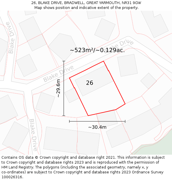 26, BLAKE DRIVE, BRADWELL, GREAT YARMOUTH, NR31 9GW: Plot and title map