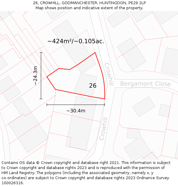 26, CROWHILL, GODMANCHESTER, HUNTINGDON, PE29 2LP: Plot and title map