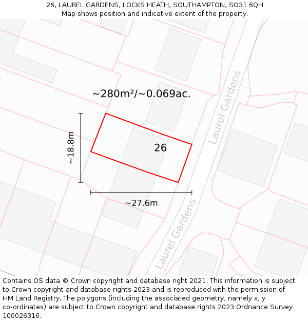 26, LAUREL GARDENS, LOCKS HEATH, SOUTHAMPTON, SO31 6QH: Plot and title map