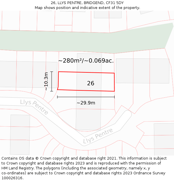 26, LLYS PENTRE, BRIDGEND, CF31 5DY: Plot and title map
