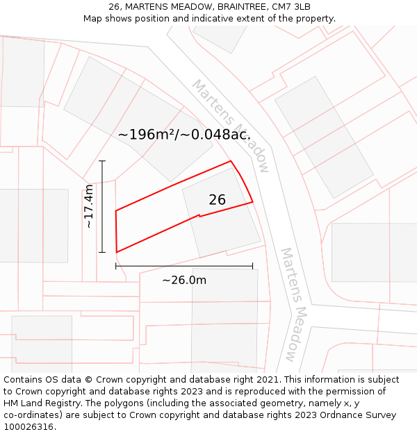 26, MARTENS MEADOW, BRAINTREE, CM7 3LB: Plot and title map