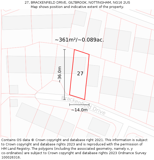 27, BRACKENFIELD DRIVE, GILTBROOK, NOTTINGHAM, NG16 2US: Plot and title map