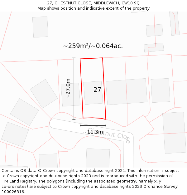 27, CHESTNUT CLOSE, MIDDLEWICH, CW10 9QJ: Plot and title map