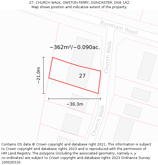 27, CHURCH WALK, OWSTON FERRY, DONCASTER, DN9 1AZ: Plot and title map