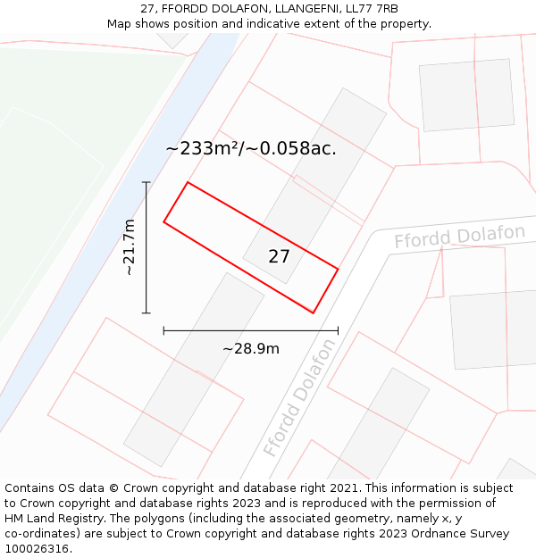 27, FFORDD DOLAFON, LLANGEFNI, LL77 7RB: Plot and title map