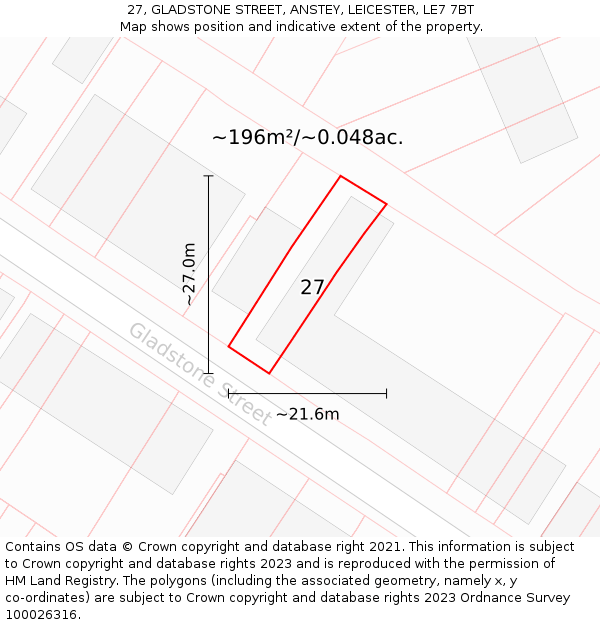 27, GLADSTONE STREET, ANSTEY, LEICESTER, LE7 7BT: Plot and title map