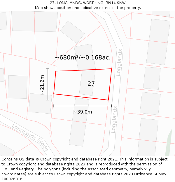 27, LONGLANDS, WORTHING, BN14 9NW: Plot and title map