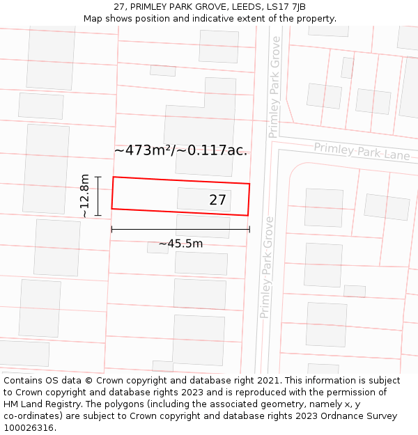 27, PRIMLEY PARK GROVE, LEEDS, LS17 7JB: Plot and title map