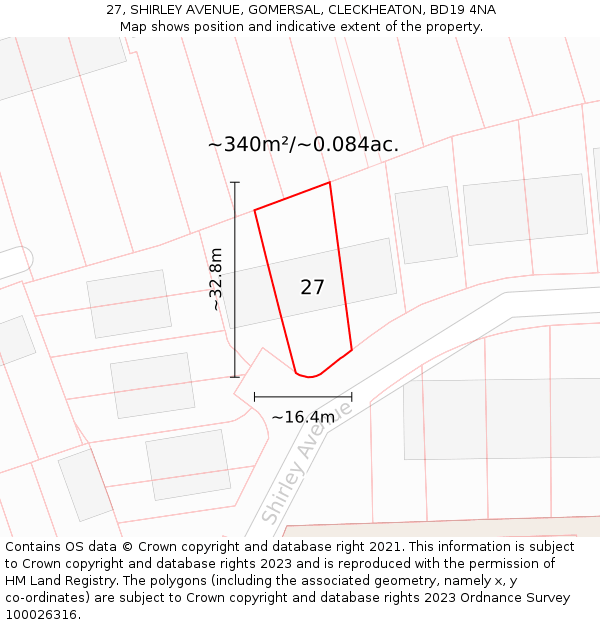 27, SHIRLEY AVENUE, GOMERSAL, CLECKHEATON, BD19 4NA: Plot and title map