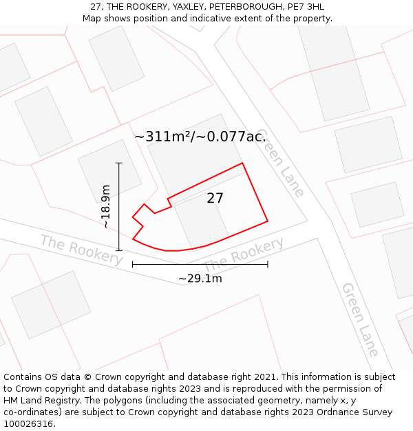 27, THE ROOKERY, YAXLEY, PETERBOROUGH, PE7 3HL: Plot and title map