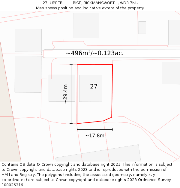 27, UPPER HILL RISE, RICKMANSWORTH, WD3 7NU: Plot and title map