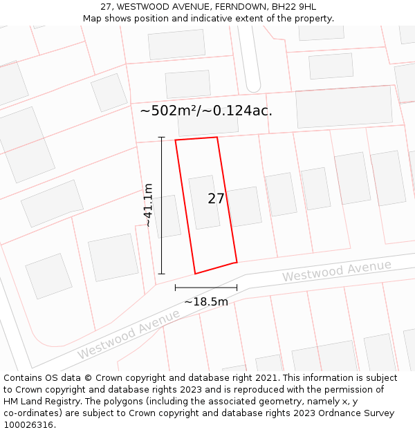 27, WESTWOOD AVENUE, FERNDOWN, BH22 9HL: Plot and title map