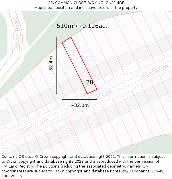 28, COMMON CLOSE, WOKING, GU21 4DB: Plot and title map