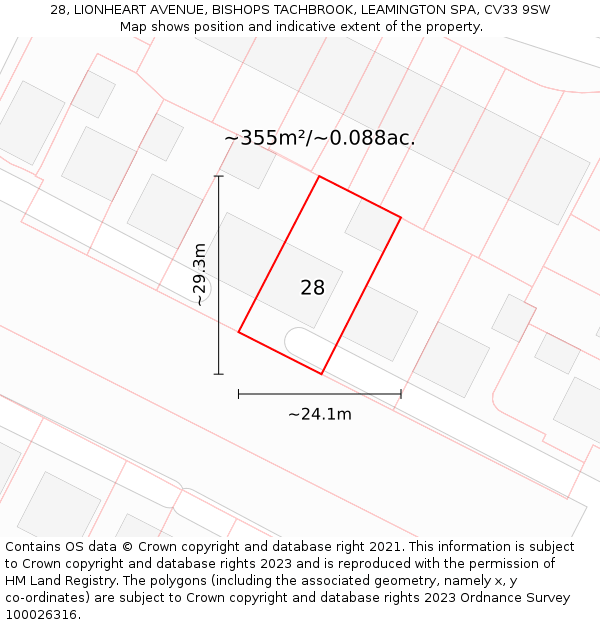 28, LIONHEART AVENUE, BISHOPS TACHBROOK, LEAMINGTON SPA, CV33 9SW: Plot and title map