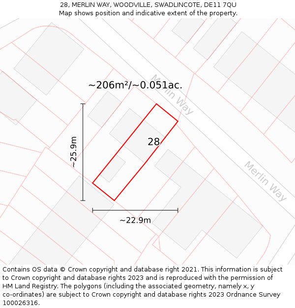 28, MERLIN WAY, WOODVILLE, SWADLINCOTE, DE11 7QU: Plot and title map