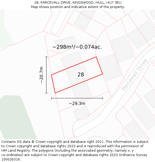 28, PARCEVALL DRIVE, KINGSWOOD, HULL, HU7 3EU: Plot and title map