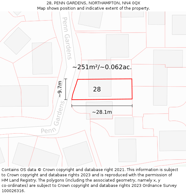 28, PENN GARDENS, NORTHAMPTON, NN4 0QX: Plot and title map