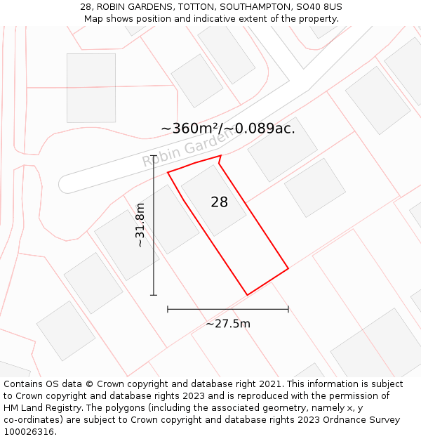 28, ROBIN GARDENS, TOTTON, SOUTHAMPTON, SO40 8US: Plot and title map