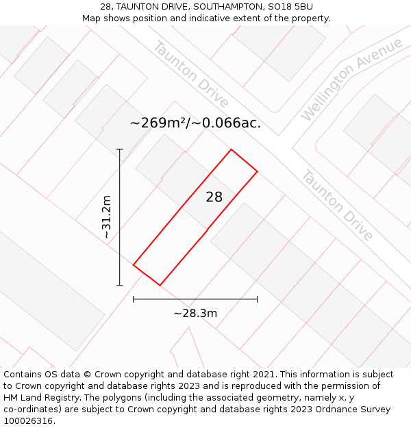 28, TAUNTON DRIVE, SOUTHAMPTON, SO18 5BU: Plot and title map