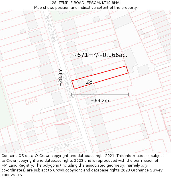 28, TEMPLE ROAD, EPSOM, KT19 8HA: Plot and title map