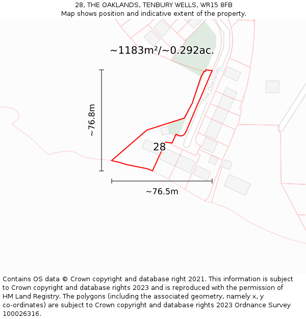 28, THE OAKLANDS, TENBURY WELLS, WR15 8FB: Plot and title map