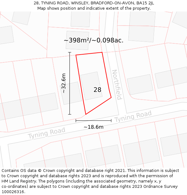 28, TYNING ROAD, WINSLEY, BRADFORD-ON-AVON, BA15 2JL: Plot and title map
