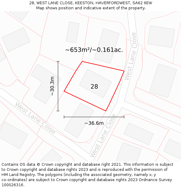 28, WEST LANE CLOSE, KEESTON, HAVERFORDWEST, SA62 6EW: Plot and title map