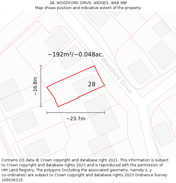 28, WOODFORD DRIVE, WIDNES, WA8 9BF: Plot and title map