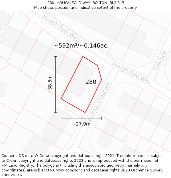 280, HOUGH FOLD WAY, BOLTON, BL2 3LB: Plot and title map