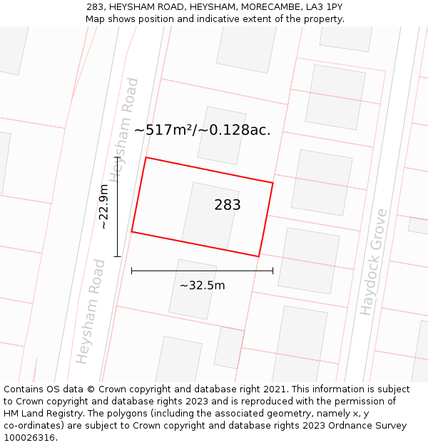 283, HEYSHAM ROAD, HEYSHAM, MORECAMBE, LA3 1PY: Plot and title map