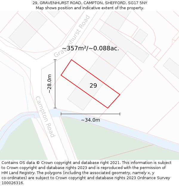 29, GRAVENHURST ROAD, CAMPTON, SHEFFORD, SG17 5NY: Plot and title map