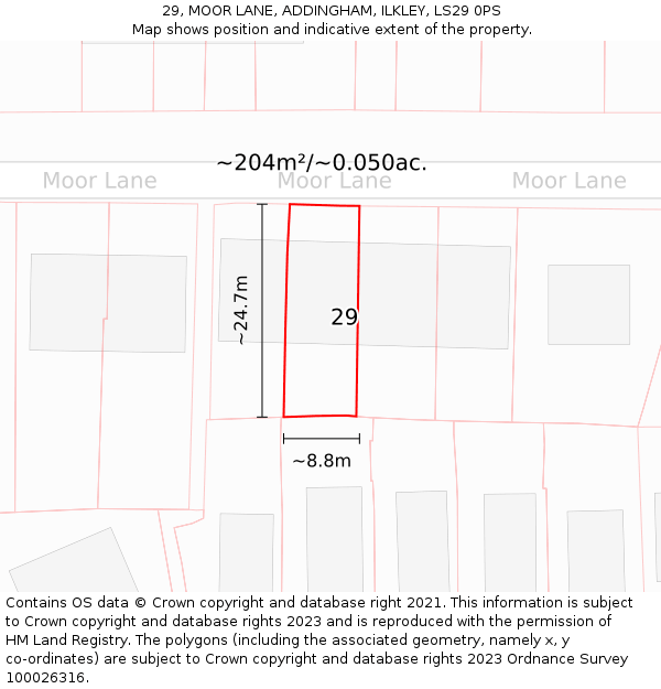 29, MOOR LANE, ADDINGHAM, ILKLEY, LS29 0PS: Plot and title map
