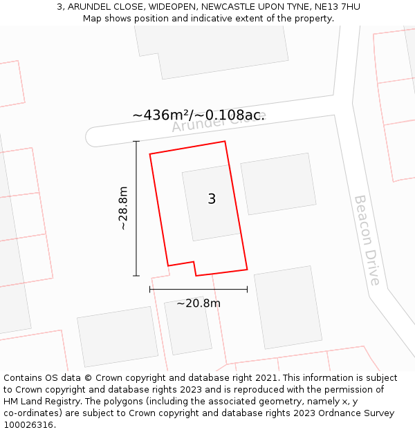 3, ARUNDEL CLOSE, WIDEOPEN, NEWCASTLE UPON TYNE, NE13 7HU: Plot and title map