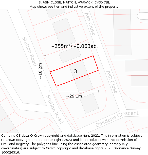 3, ASH CLOSE, HATTON, WARWICK, CV35 7BL: Plot and title map