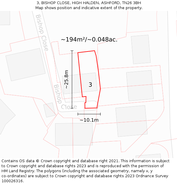 3, BISHOP CLOSE, HIGH HALDEN, ASHFORD, TN26 3BH: Plot and title map