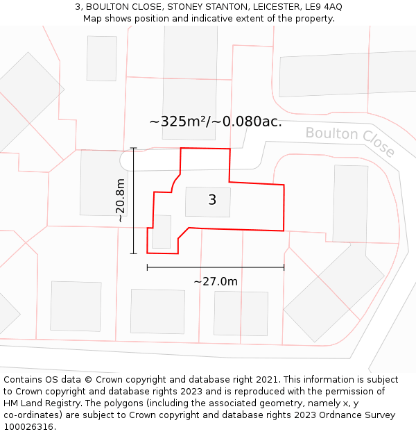 3, BOULTON CLOSE, STONEY STANTON, LEICESTER, LE9 4AQ: Plot and title map