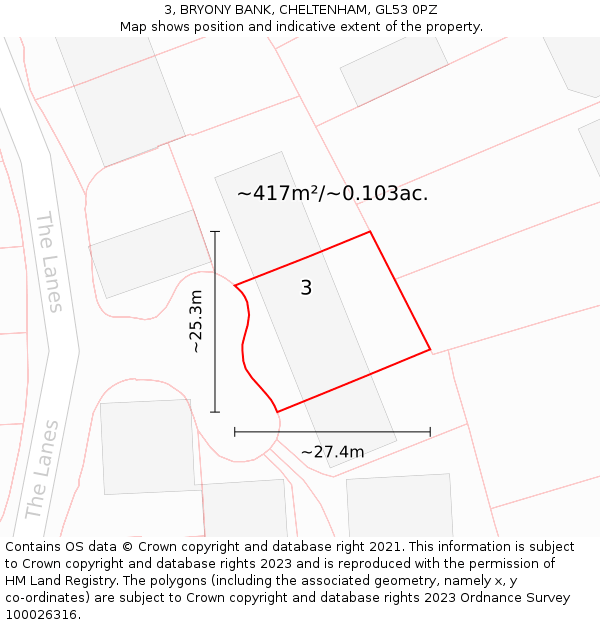 3, BRYONY BANK, CHELTENHAM, GL53 0PZ: Plot and title map