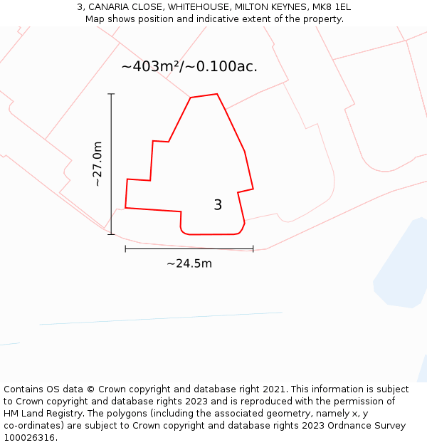 3, CANARIA CLOSE, WHITEHOUSE, MILTON KEYNES, MK8 1EL: Plot and title map