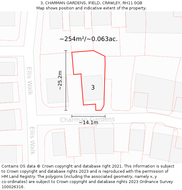 3, CHARMAN GARDENS, IFIELD, CRAWLEY, RH11 0GB: Plot and title map