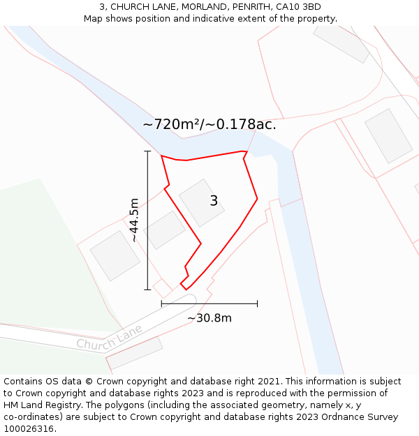 3, CHURCH LANE, MORLAND, PENRITH, CA10 3BD: Plot and title map