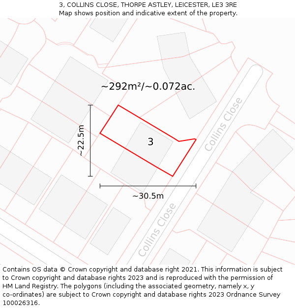 3, COLLINS CLOSE, THORPE ASTLEY, LEICESTER, LE3 3RE: Plot and title map